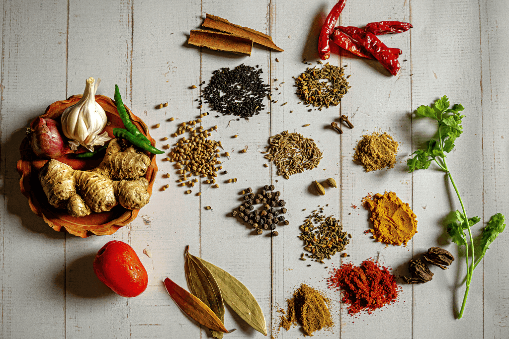 Fresh Indian herbs and spices being prepared